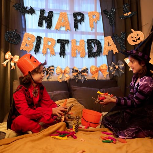 Halloween Birthday Banner - Glitter Bat & Pumpkin Decor for Girls