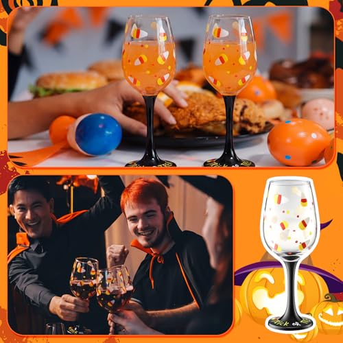 Halloween Candy Corn Stemmed Wine Glasses Set - 2 Pcs, Hand Painted, Festive Drinkware