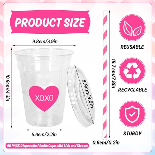 Conversation Heart Valentine's Day Disposable Plastic Cups with Lids & Straws - 12oz, 60 Pack