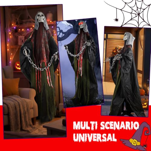 Red Halloween Skeleton with LED Red Glowing Eyes, Sound & Motion Activated, Swaying Body, Adjustable Arms, Yard & Indoor Decor
