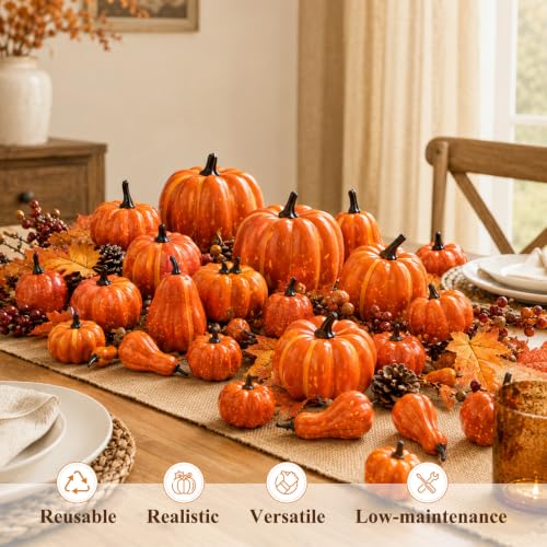 Assorted Mini Pumpkin Artificial Fall Decor Set - Rustic Orange Halloween Thanksgiving