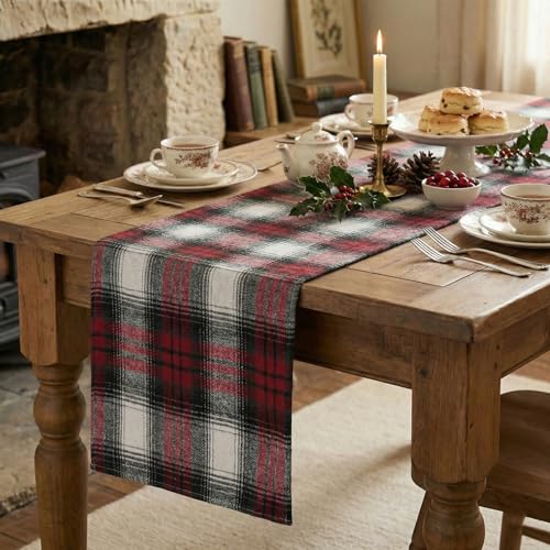 Red Black Farmhouse Christmas Table Runner 13x108 Inch - Holiday Kitchen Decor