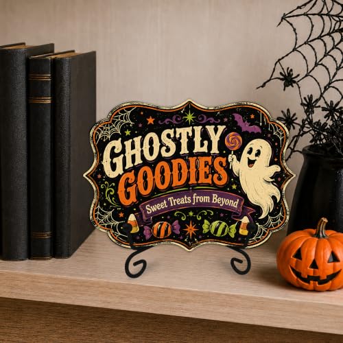 Halloween Candy Buffet Wooden Sign - Ghostly Goodies & Treats - 5x7 Inches with Stand - Festive Fall Decor - A01