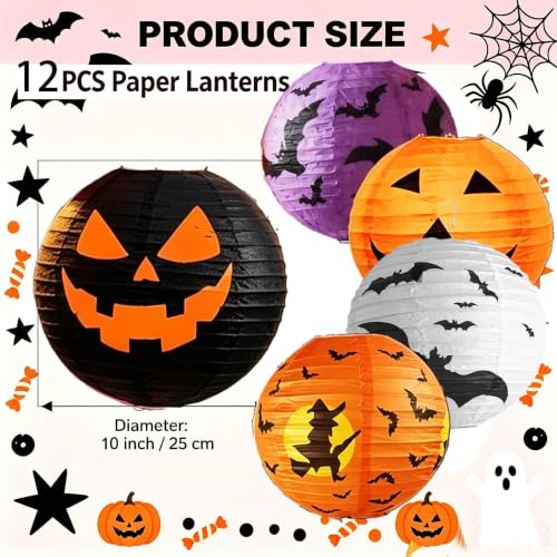 Halloween Hanging Paper Lanterns Set - 12PCS Ghost Pumpkin Decor - Orange, Black, White, Purple