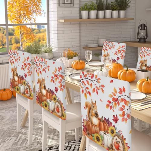 Fall Chair Back Covers Set - 4pcs Autumn Thanksgiving Slipcovers in White & Orange