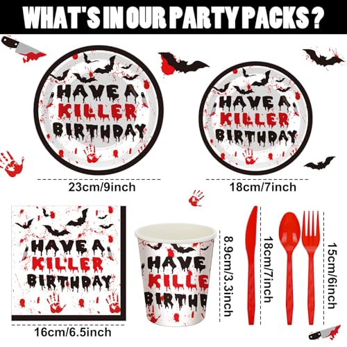 Scary Horror Birthday Party Supplies Set - Blood & Handprint Tableware, 48 Plates, Cups, Napkins & Utensils - Have a Killer Theme