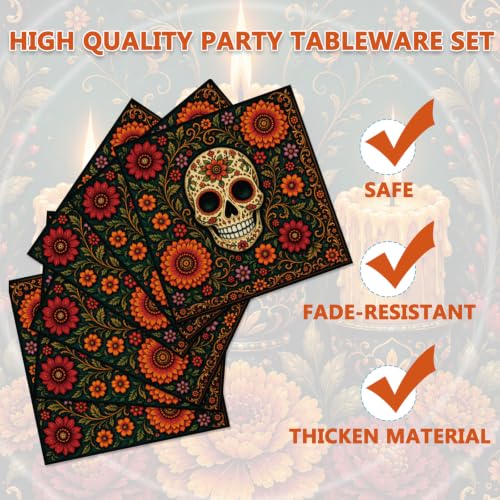 Mexican Fiesta Party Supplies Set for 24 - Skull & Marigold Theme Disposable Dinnerware