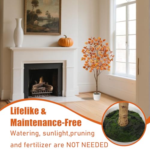 Artificial Eucalyptus Tree 4ft Fall Tree for Indoor Outdoor Porch Entryway - Orange Potted Fake Plants