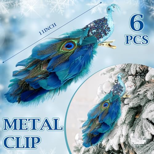Peacock Christmas Tree Ornaments Set - Long Tail Feather Bird Decorations - Classic Style, 6 Pieces