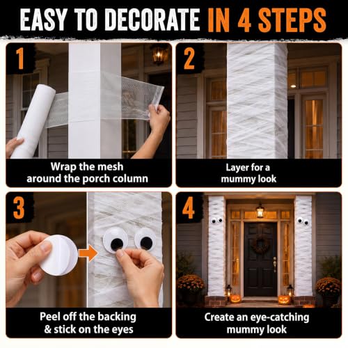 Halloween Mummy Decoration Kit with Wrap and Giant Googly Eyes - Spooky Porch & Door Decor