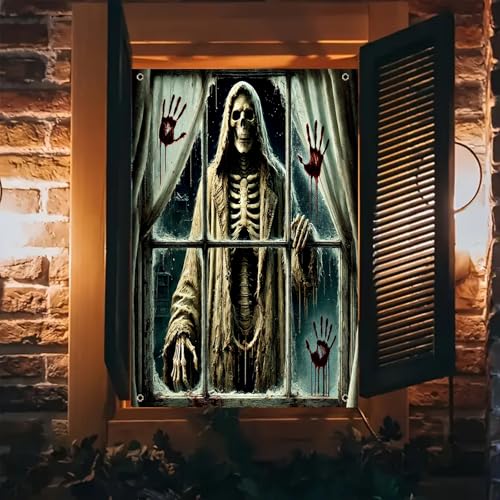 Halloween Reaper Skeleton Window Cover - 31x47 Inch Door & Window Decor