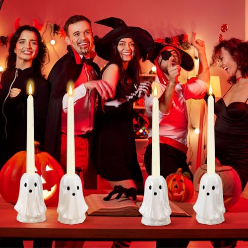 Set of 4 Ceramic Halloween Ghost Candle Holders - Cute Festive Decor