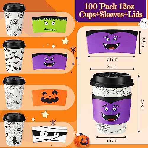 Umigy 100 Pack Bat Style Halloween Disposable Coffee Cups 12 oz with Lids & Sleeves