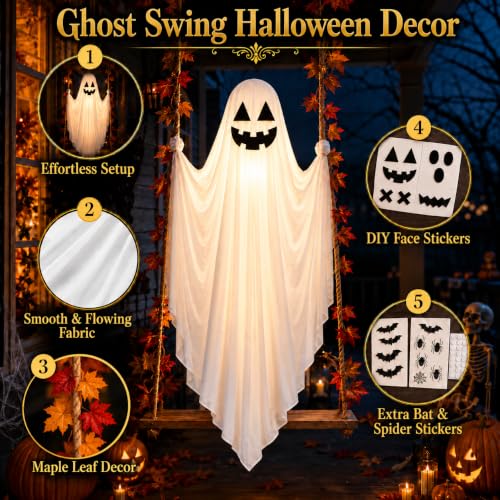 White 5 FT Hanging Ghost Swing Halloween Decoration with Lights & DIY Face Stickers