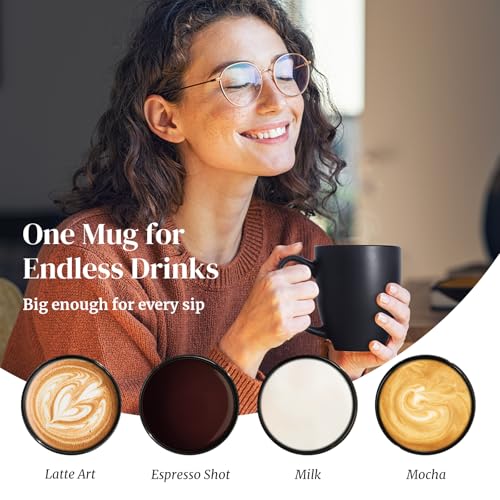 Matte Black Coffee Mugs Set of 6, 16 oz Ceramic Large Handle Cups for Hot Drinks
