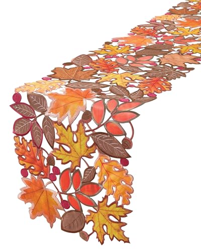 Autumn Fall Table Runner 36 Inch Embroidered Maple Leaf Thanksgiving Decor