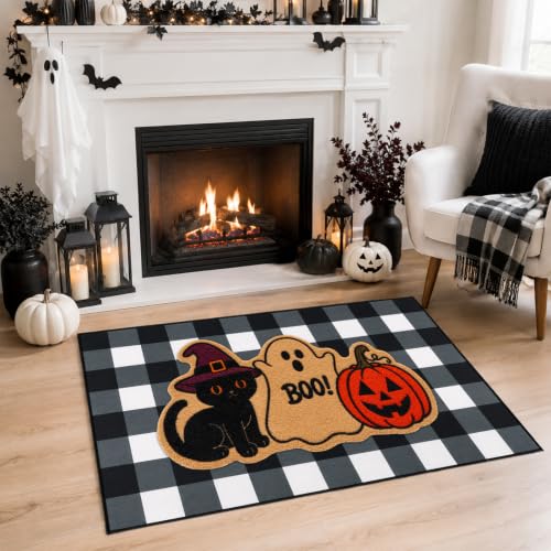 Halloween Welcome Door Mat Set - Black Cat Ghost Pumpkin, Coir & Velvet, Non-Slip, 2 Pieces - Cat Boo Variation