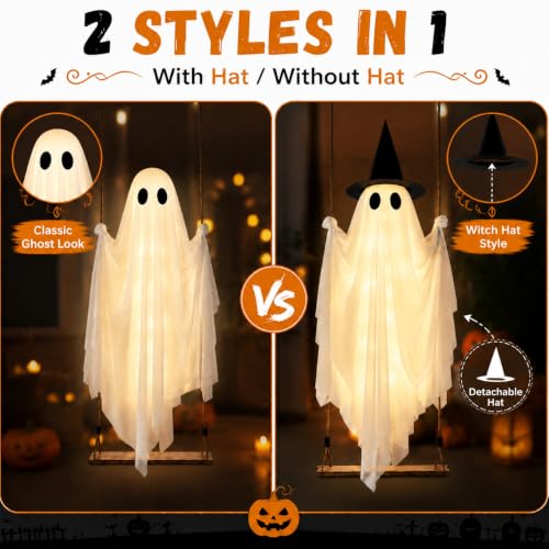 Lighted 5FT Outdoor Swinging Ghost Decor with Witch Hat - Halloween Yard Display