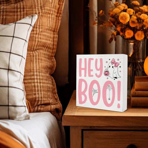 Halloween Ghost Wood Sign - Spooky Hey Boo Decor for Party & Home