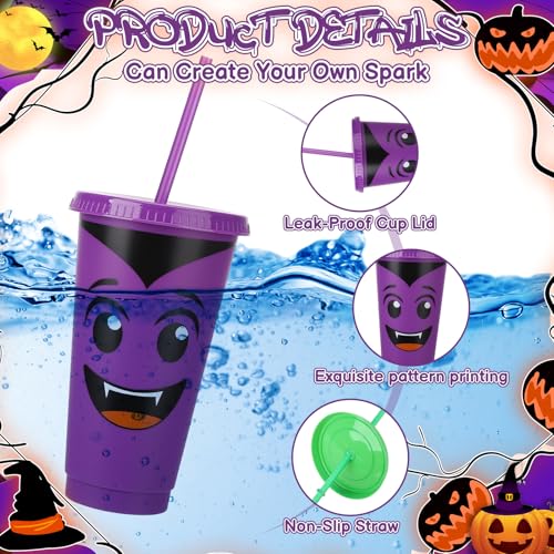 Halloween Plastic Cups with Lids & Straws - 24 oz, Purple & Orange, 12 Pack