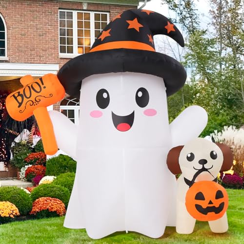 Halloween Inflatable Ghost and Puppy Set with LED Lights - Outdoor Yard Decor