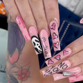 Halloween Fake Nails Long Coffin Pink False Nails with Ghost & Heart Designs Style-5 - 24 pcs
