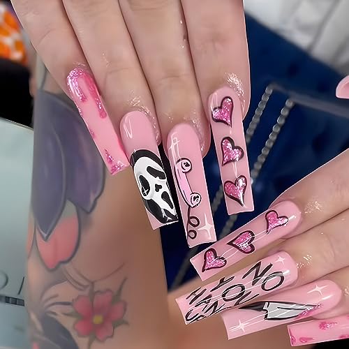 Halloween Fake Nails Long Coffin Pink False Nails with Ghost & Heart Designs Style-5 - 24 pcs