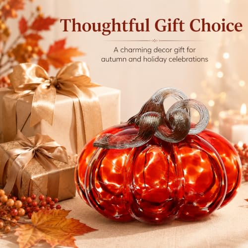 Red Hand Blown Glass Pumpkin Decoration - Fall Harvest Halloween Tabletop Accent