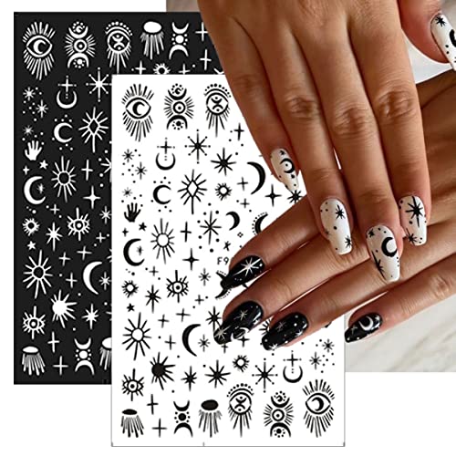 Gothic Nail Art Stickers Decals - Black & White Star Moon Flower Snake Design - Eye-2