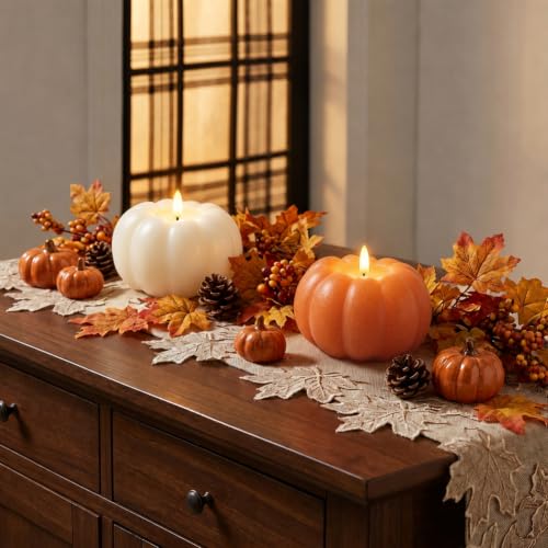 Flameless Pumpkin Candles Set - White and Orange Fall Decor, 2 Pack