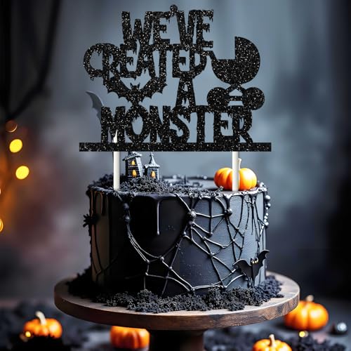 Halloween Baby Shower Cake Topper with Glitter Bat and Monster Design