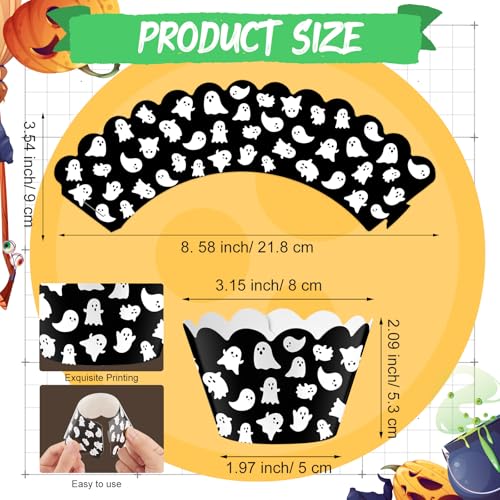 Halloween Ghost Cupcake Wrappers - 100 Pack, White Black, Party Baking Liners
