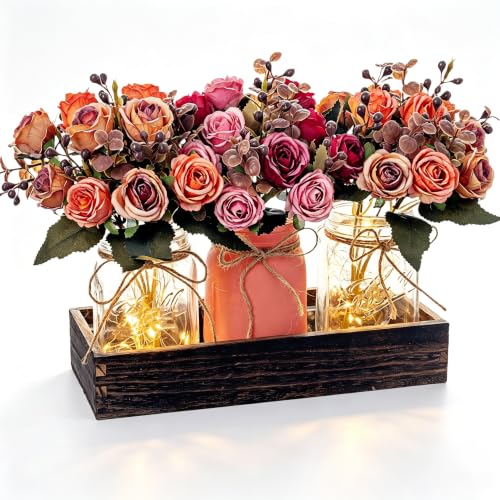 Farmhouse Mason Jar Centerpiece with Pink & Orange Artificial Fall Flowers - Rustic Table Decoration