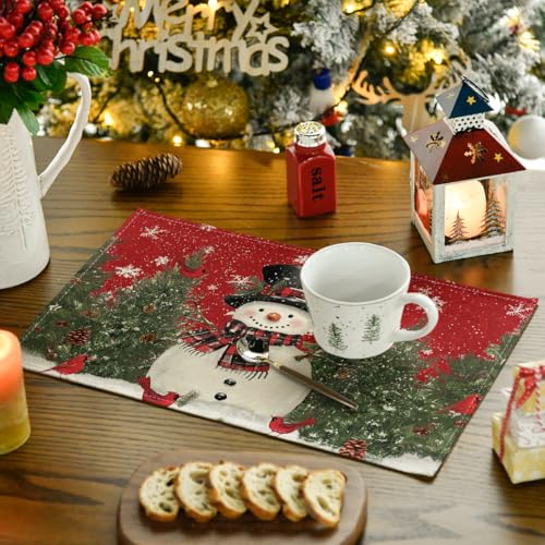 Red Snowman Trees Christmas Placemats Set of 4 - 12x18 Inch Seasonal Table Decor with Variation 12" x 18" Rectangular 2 Pcs