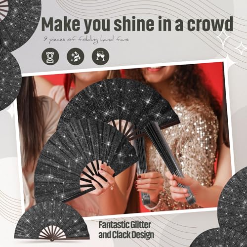Halloween Glitter Black Folding Hand Fans Set - 9 Pack for Party & Celebration