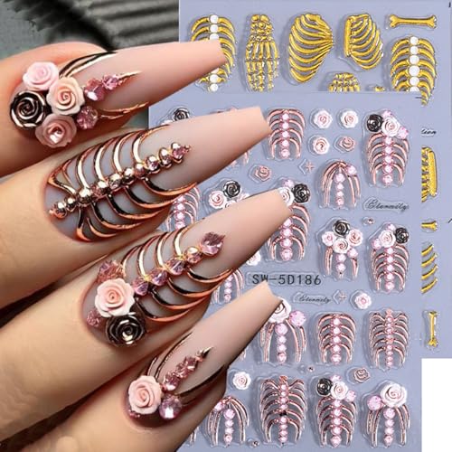 Halloween Nail Art Stickers 5D Embossed Skull Hand Rose Bone Design A4 - DIY Nail Decals