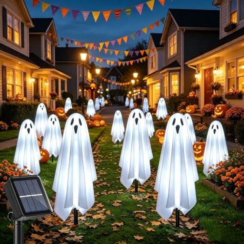 Solar Ghost Lights Outdoor Halloween Decoration Set of 6 Spooky Pathway Stake Lights