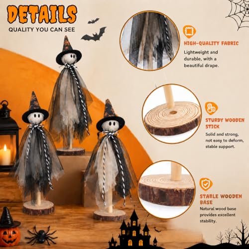 Halloween Ghost Decorations Set with Witch Hats - Rustic Wooden Shelves, Indoor Tabletop Halloween Decor