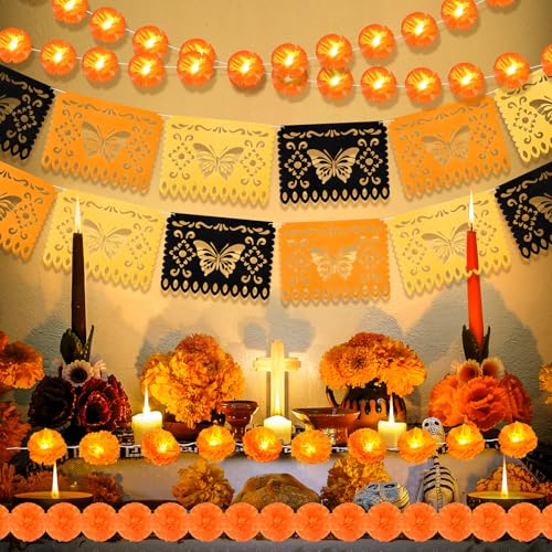 Day of the Dead Decorations Set with LED Marigolds & Butterflies - Fiesta Party Supplies