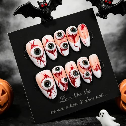 Halloween Long Almond Press On Nails with Eyeball Blood Drip Design - Multicolor-018049