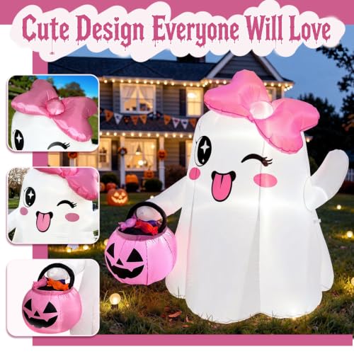 5FT Halloween Inflatable Ghost with Pink Bow and Glowing Pumpkin - Outdoor Decor
