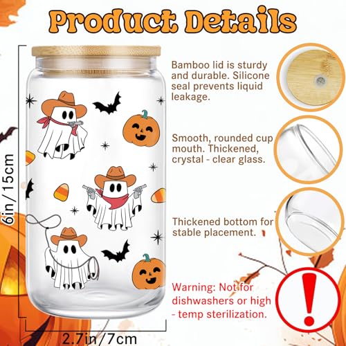 Halloween Cowboy Ghost Glass Mug – 16 oz Spooky Coffee Cup with Lid & Straw