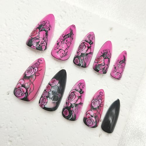 Halloween Press On Nails Medium Almond Skull Flower Floral Design 24Pcs - Black Pink