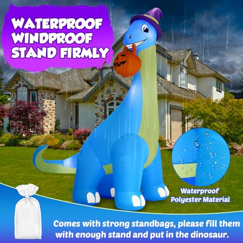 Giant Halloween Inflatable Dinosaur with LEDs, Pumpkin & Witch Hat - Outdoor Yard Decor
