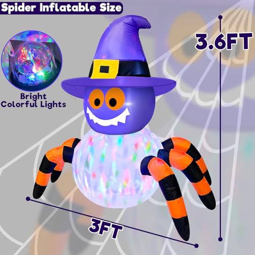 Halloween Inflatable Spider with Rotating Colorful Lights 3.6 Ft Yard Decor