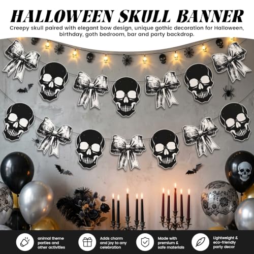 Gothic Skull and Bow Party Banner Set - Spooky Halloween & Birthday Decorations