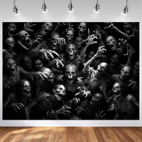 Halloween Skeleton Ghouls Backdrop Black 96 x 72 Inch for Haunted Parties
