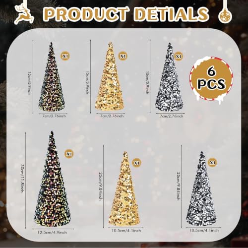 Black Gold Christmas Sequin Cone Tree Decorations Set - Tiered Holiday Tabletop Trees