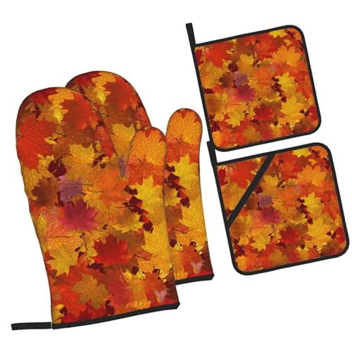 Fall Leaf Oven Mitts and Pot Holders Set - Heat Resistant Kitchen Accessories