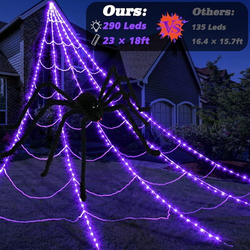 Purple Halloween Spider Web Lights Kit with 78.7" Spider & 23ft Cobweb - 8 Modes